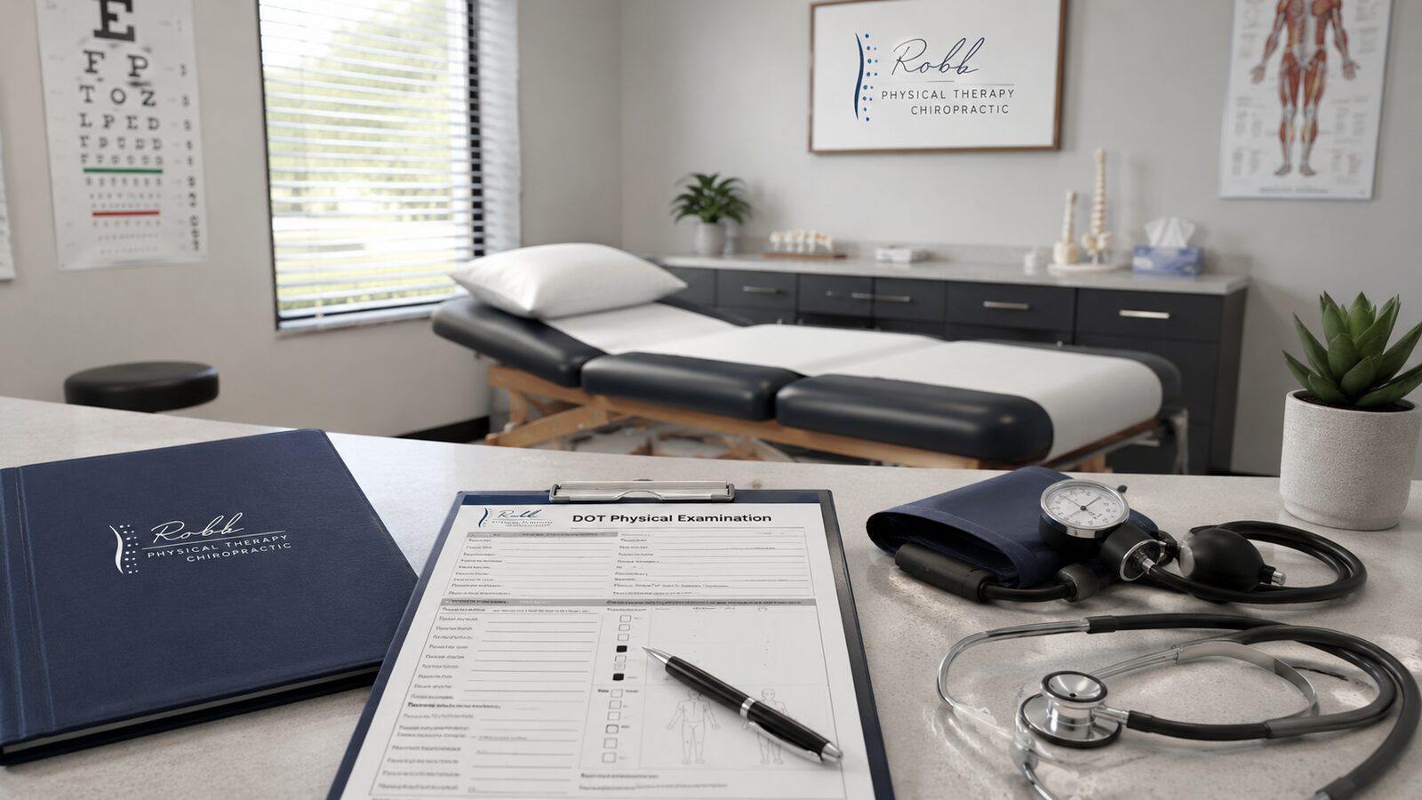 Clinician checking a patient's blood pressure during a DOT physical exam